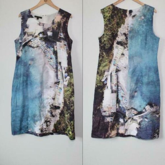 Lafayette 148 New York 100% Linen Beach Scene Shift Sheath Dress Size 14 H13021 - Picture 9 of 9